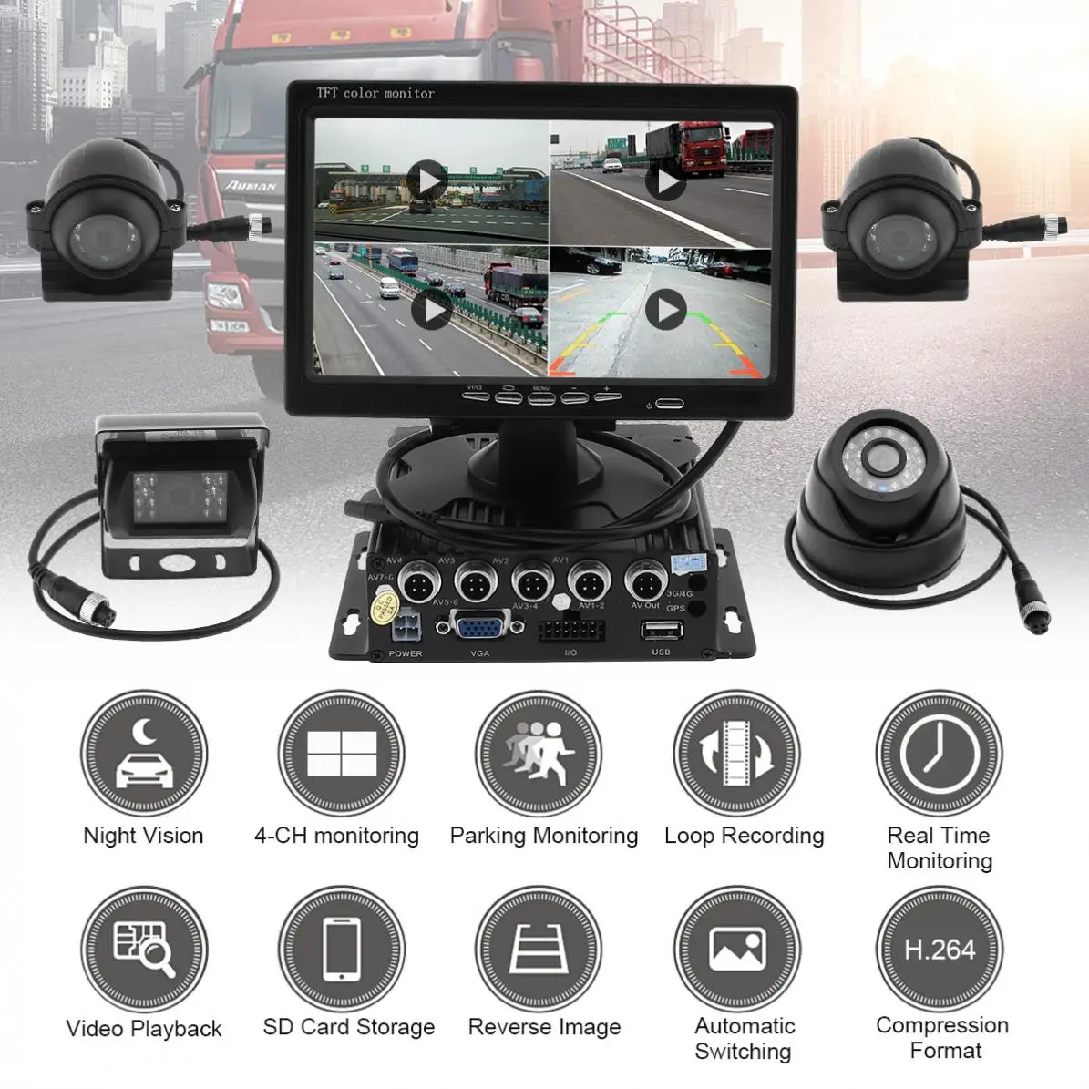 

7 Inch Quad Split Screen Monitor 4x Side Rear View CCD Camera System for Truck RV New