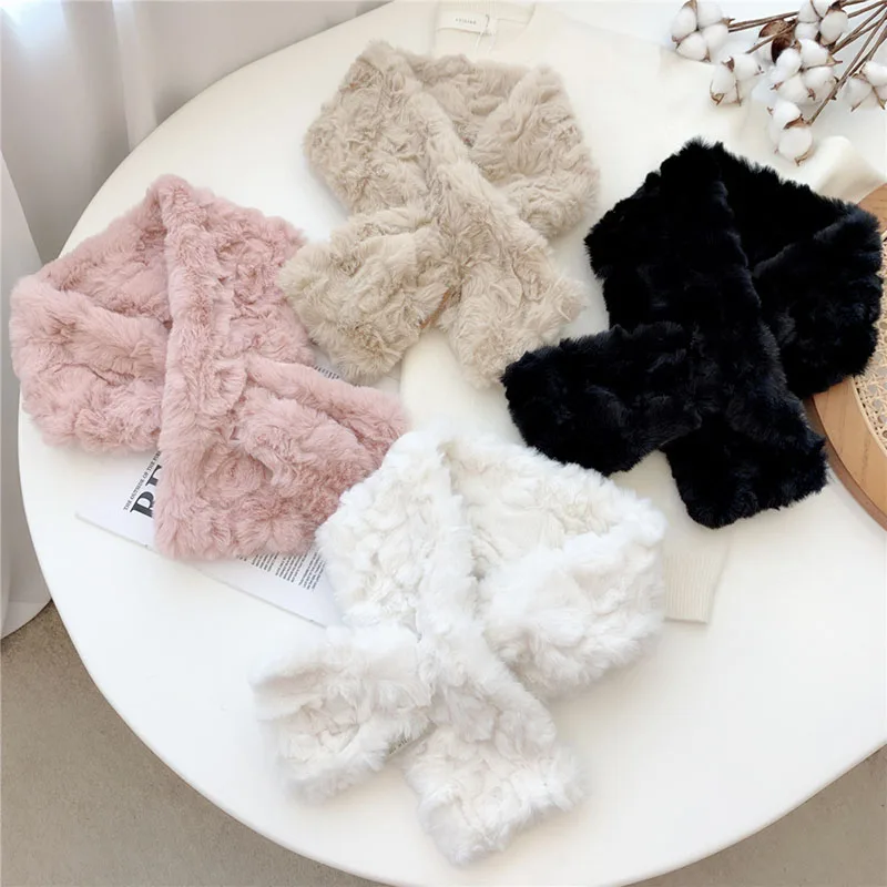

Women Plush Scarf Furry Collar Scarves Solid Color Faux Fur Scarf Neck Warmer Thick Warm Shawls And Wraps Fluffy Cross Scarf