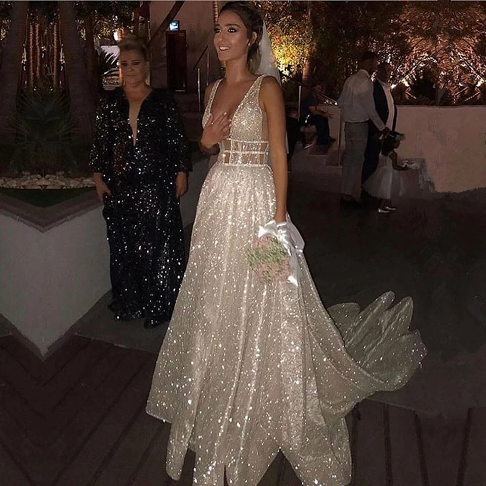 hot pink prom dress Shiny Sequined Ivory Prom Dress 2022 Women Formal Party Night Vestidos De Gala Sexy V-Neck Backless Elegant Long Evening Gowns beautiful prom dresses Prom Dresses