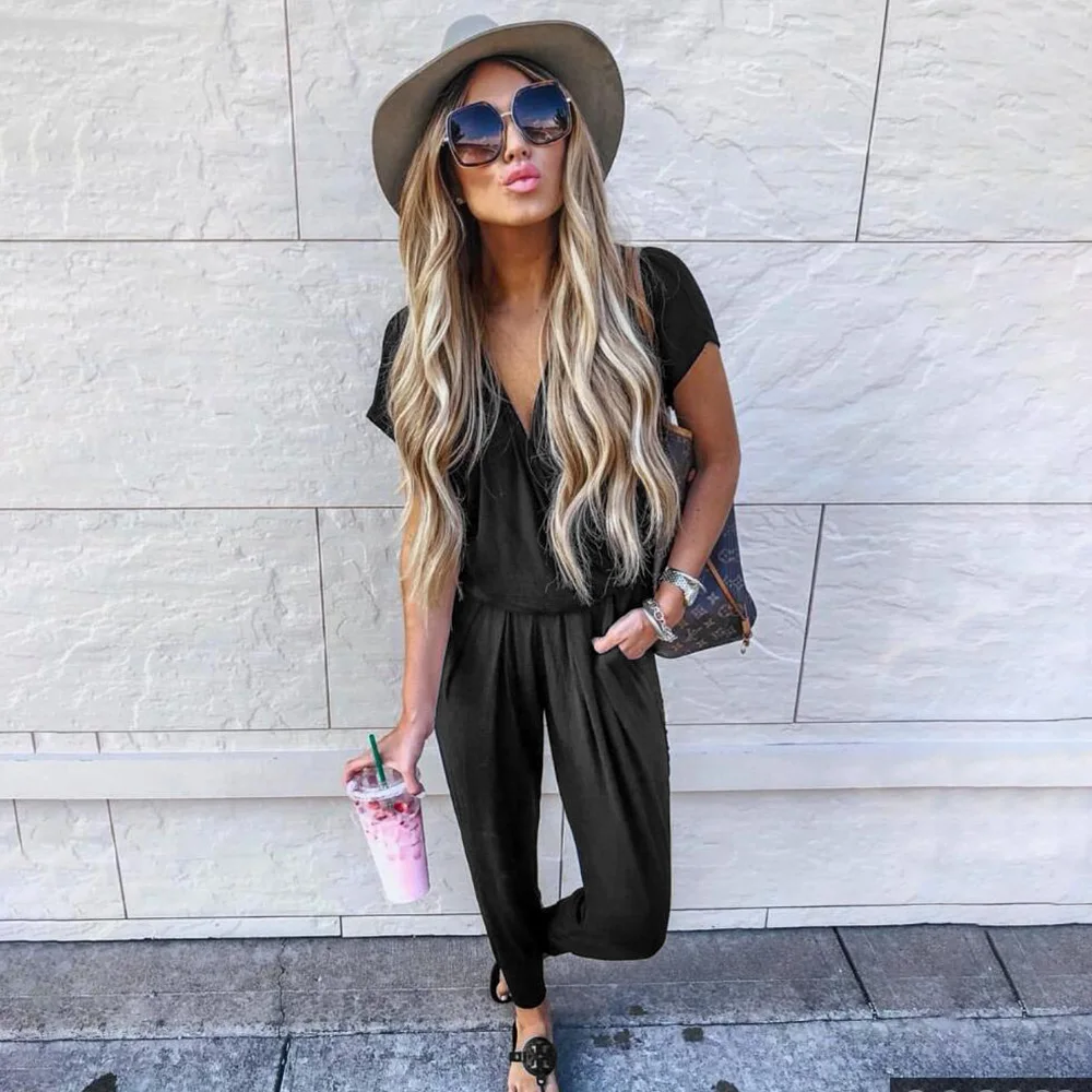 

Jumpsuit Women Summer 2020 Casual Vintage Short Sleeve Pocket Overalls Loose Office Ladies Rompers Navy Blue D30