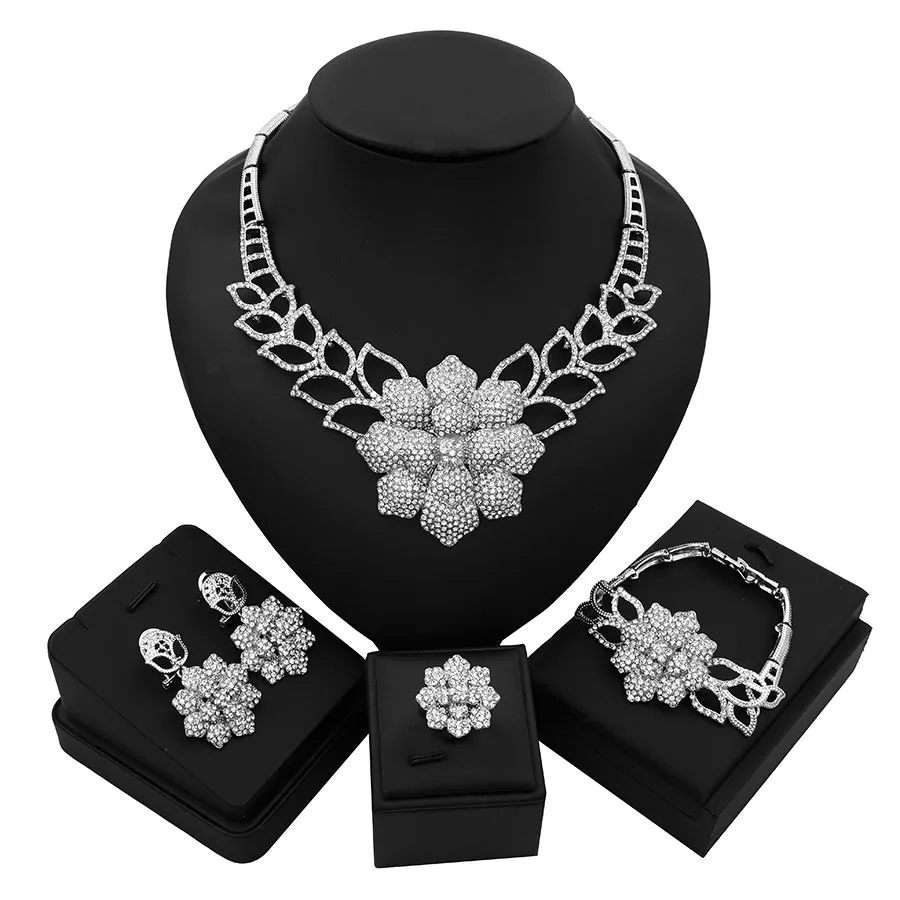 

TSROUND Jewelry Set Abstract Flower Pendant Pattern Dubai Costume Jewelry African Necklace Earring Set for Women Rhinestone