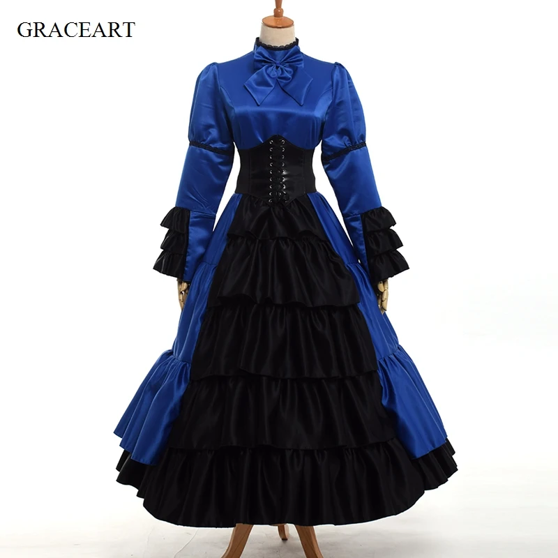 Vintage Women Civil War Bowknot Corset Dress With Crinoline Medieval Costume