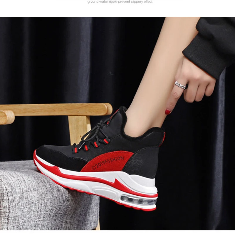 

W- Winter new women's air cushion plus velvet warmth increase height casual outdoor daily solid color lace up wild women's boots