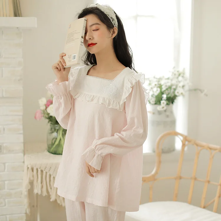 

Meju Spring And Summer Women's Long-sleeve Suit Pajamas 100% Cotton Gauze Tatting Thin Home Wear