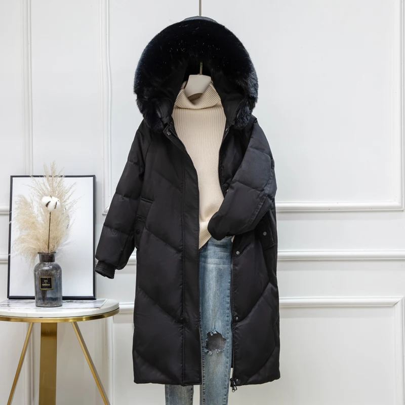 

Aibeautyer New Winter Long Jacket Women Large Fox Real Fur Collar Hooded 90% White Duck Down Coat Casual Loose Warm Outw