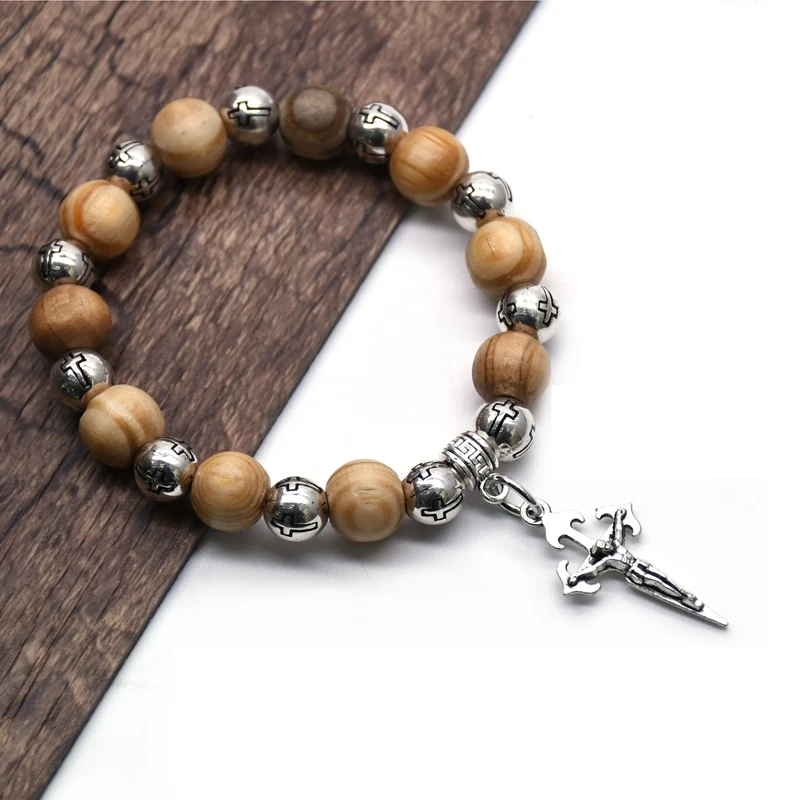 QIGO Virgin Christ Cross Bracelet Wood Plastic Beads Strand Bracelet For  Men Women Religious Jewelry