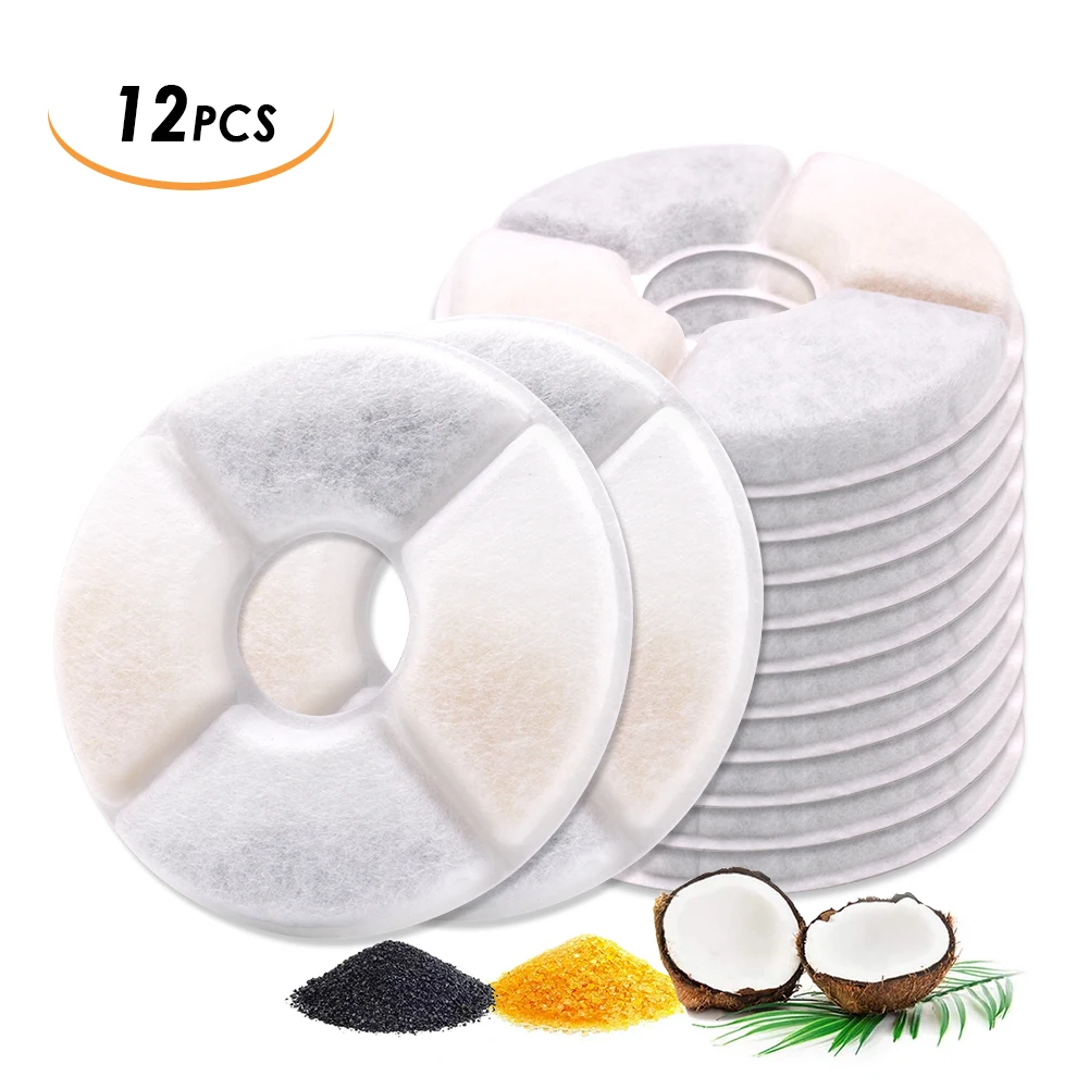 12PCS Cat Water Fountain Filters Pet Fountain Replacement Filter with Coconut Activated Carbon for Automatic Dog Water Dispenser