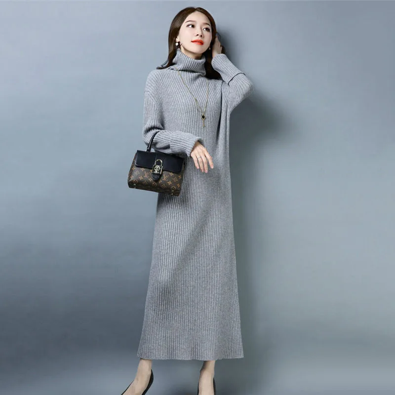 

Turtleneck Sweater Dress Women Long Korean Fashion Simple Solid Color Knit Dress Maxi Casual Slim Bodycon Vestidos Robes f1459