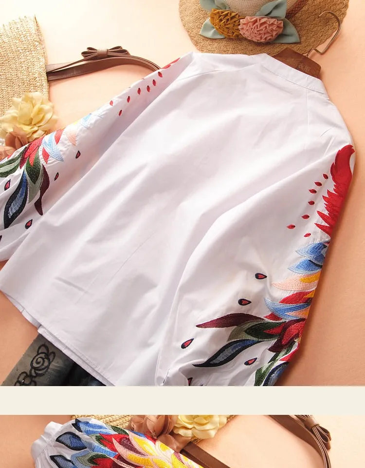 Spring and Summer Cotton Causal Shirts Embroidered Long-sleeved Shirts Woman Full Button Print O-Neck lantern Sleeve