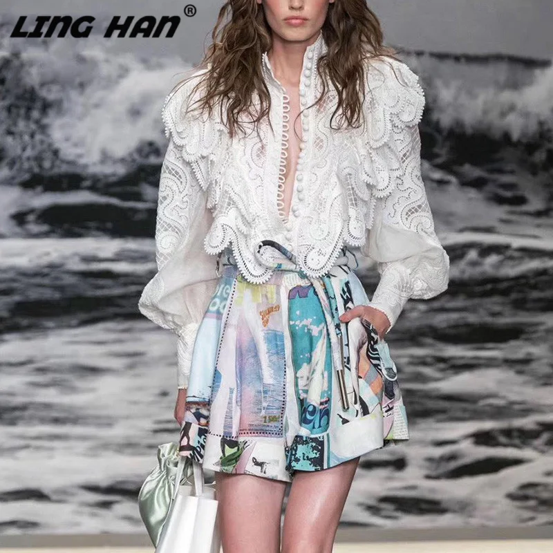 

LINGHAN Fashion Hollow Embroidery Ruffle Ruffle Top + Lace Up Print Shorts Two-piece set Designer Runway New