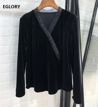 

Velvet Tops 2019 Autumn Winter Bottom Shirt Women V-Neck Golden Buttons Long Sleeve Black Blouses Tops Elegant 50s 60s Shirt