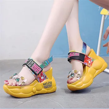 

New Platform Colorful Rhinestones PVC Sandals Women Chunky Summer Fashion Transparent Wedges Super High heels sandalias mujer