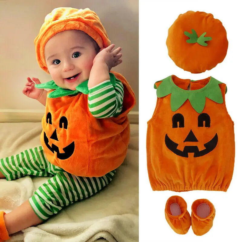 3Pcs Baby Halloween Clothing Pumpkin Tops Hat Shoes Outfit Newborn Baby Girl Boy Fuzzy Clothes Set Costume Party Cosplay Outfits