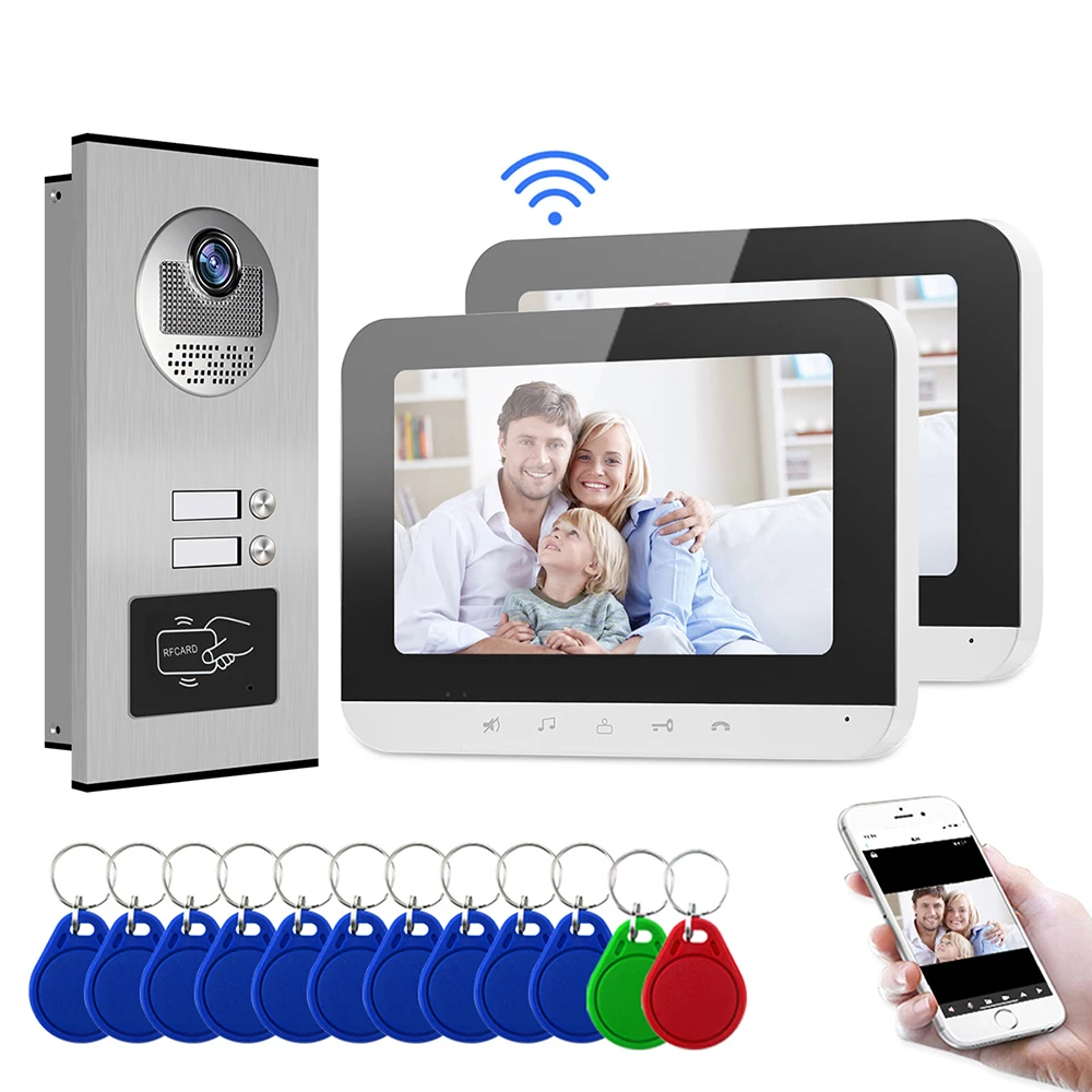 audio door phone Wired WIFI Video Intercom Secutiry Doorbell System Phone Remote Unlock RFID Metal Camera For 2 Apartment Family Free Shipping audio intercom system for home Door Intercom Systems