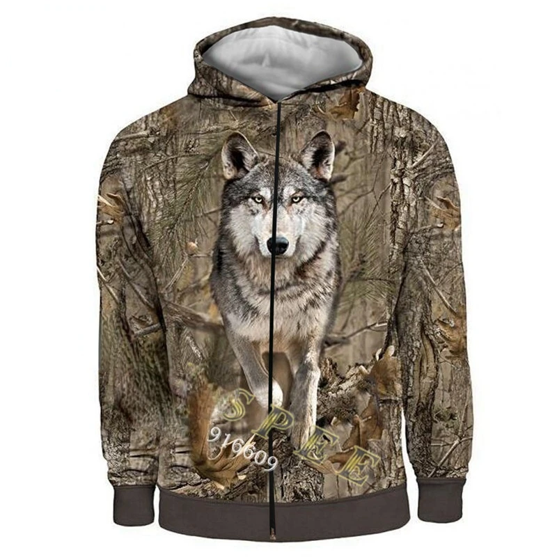 

3d wolf print men's long-sleeved hoodie zipper men's sportswear hip-hop style game sweater Harajuku style hunting