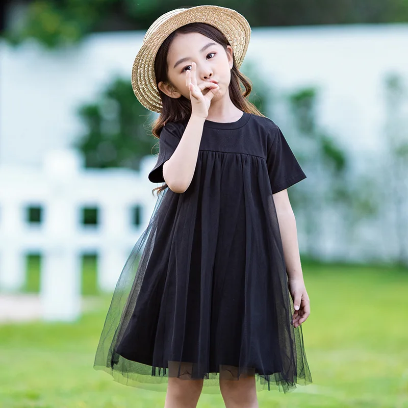 Black Mesh Patchwork Dresses For Girls Summer 2022 Short Sleeve Dress Clothing Teenage Girl Knee Length Cute Clothes | Детская одежда и