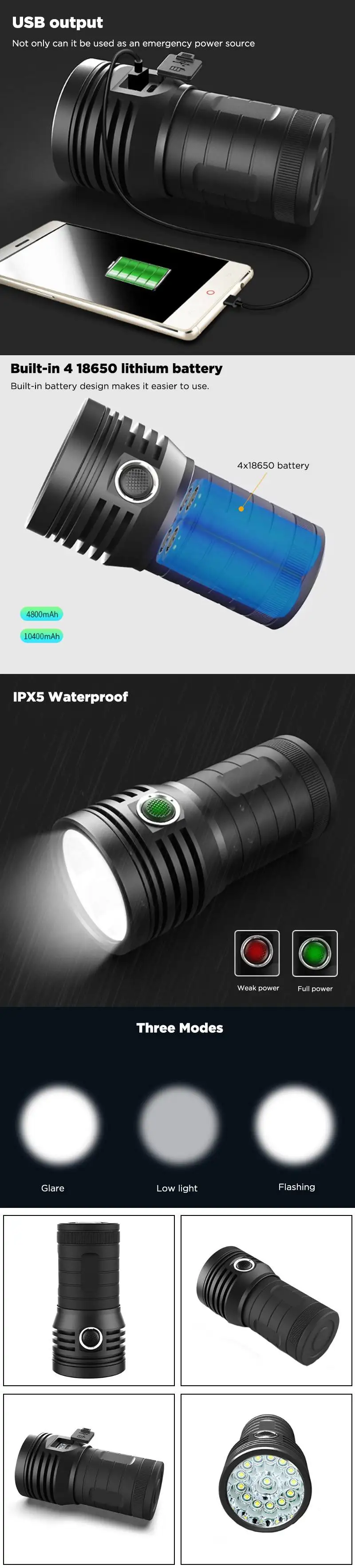 XANES XF 14/16xT6 LED Flashlight Powered 3 Modes 2500Lumens 18650 Battery USB Rechargeable Exploration Lantern Torch Lamp