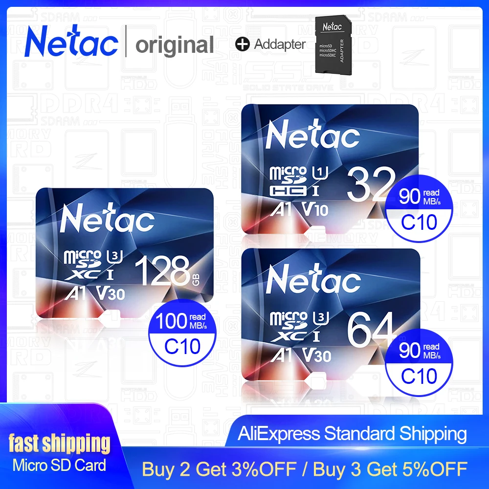 Netac Memory Card Tarjeta Micro SD Card 32GB 64GB 128GB 256GB Class 10 USB Flash Pen Drive Memory Card for Smartphone Adapter