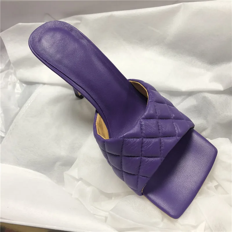 Brander/; женские шлепанцы из натуральной кожи; женские шлепанцы на высоком каблуке в стиле ретро с квадратным носком; женские пляжные шлепанцы; Дизайнерские летние шлепанцы - Цвет: Purple