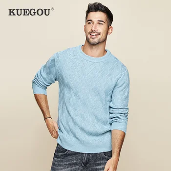 

KUEGOU 2019 Autumn Wool Solid Blue Sweater Men Pullover Casual Jumper For Male Slim Fit Brand Knitted Korean Style Clothes 19015