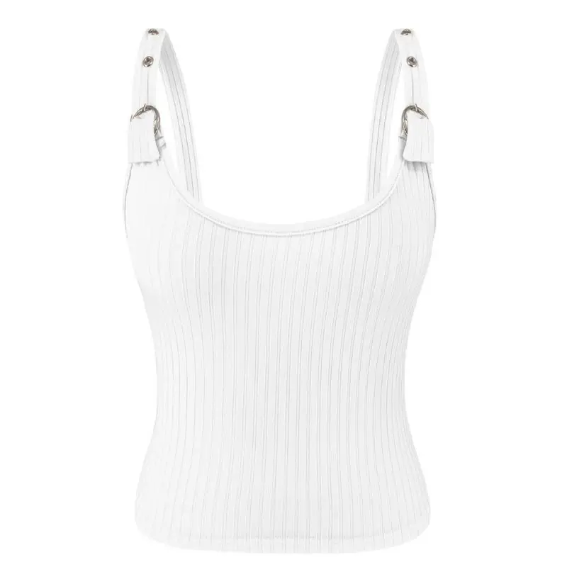 Белый Женский шикарный топ без рукавов с регулируемым ремнем, Одноцветный ребристый Топ, Солнцезащитный Топ, женский тонкий летний стрейчевый топ с низким вырезом, топы, майка - Цвет: Белый