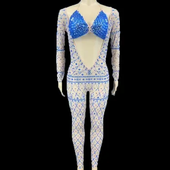 

Multicolor Rhinestone Bra Long Sleeves Transparent Jumpsuit Birthday Outfit Big V-Collar Leggings Women Rave Dancer Wear DT2946