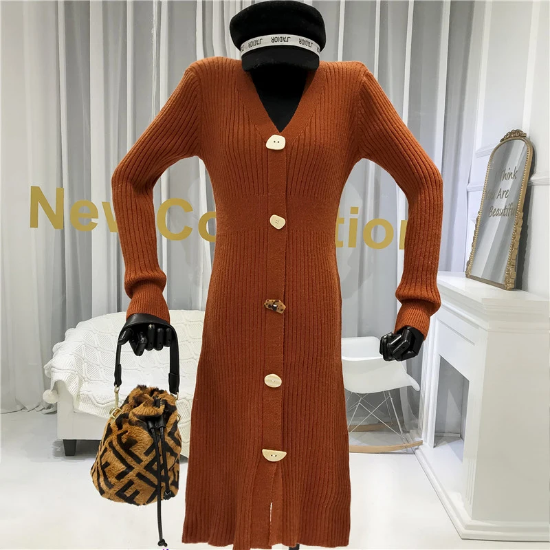 

Winter Knitted Dress Women Button Solid A-Line Office Lady Knee-Length Designer Women Dresses 2019 High Quality Vestidos