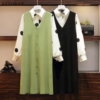 

Knitting Tank Sleeveless Button Vest And Long Sleeve Polka Dot Shirt/Blouse Two Piece Set Elegant Plus Size Casual Knitted Suit