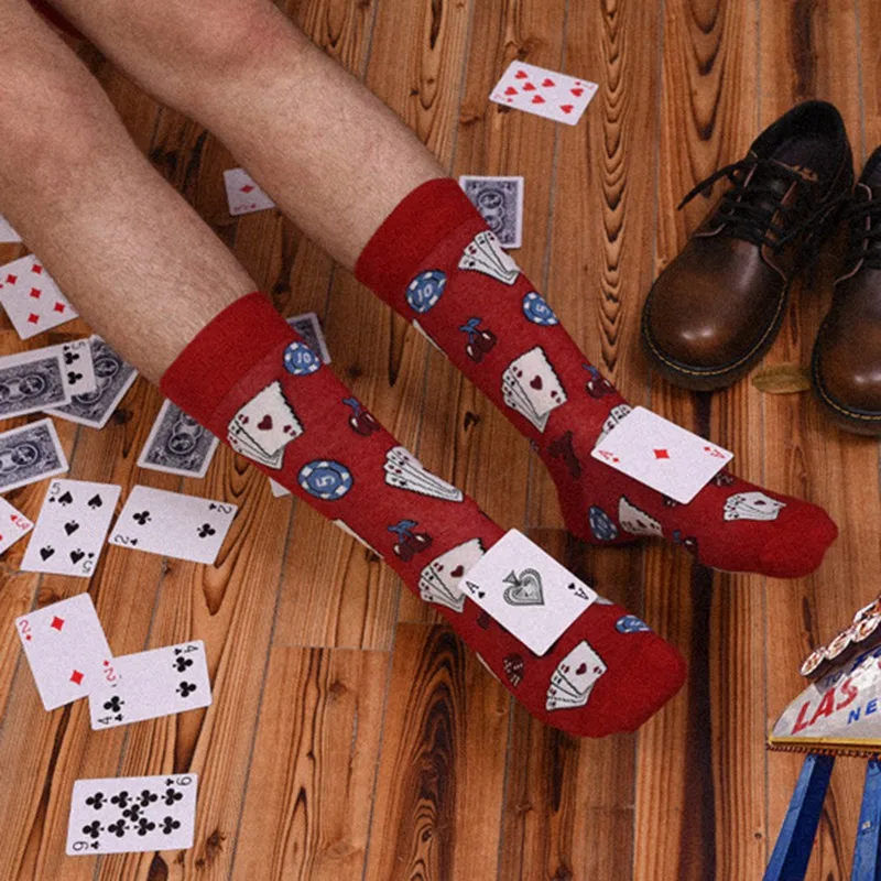 Casual Socks Dice Poker Card Printed Anti-slip Breathable Cotton Hosiery Footwear Accessories Fitness Women Men's Sportswear