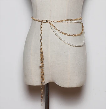 

Women metal chain belt new 2020 spring summer pearls drop designer belts for dress shirts sivler
