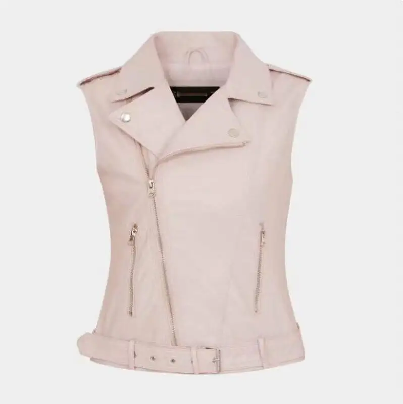 white pink Женские Кожаные Жилеты женские новые мотоциклетные молнии тисненый жилет из искусственной кожи тонкий тактический жилет с заклепками женский европейский падение - Цвет: white pink