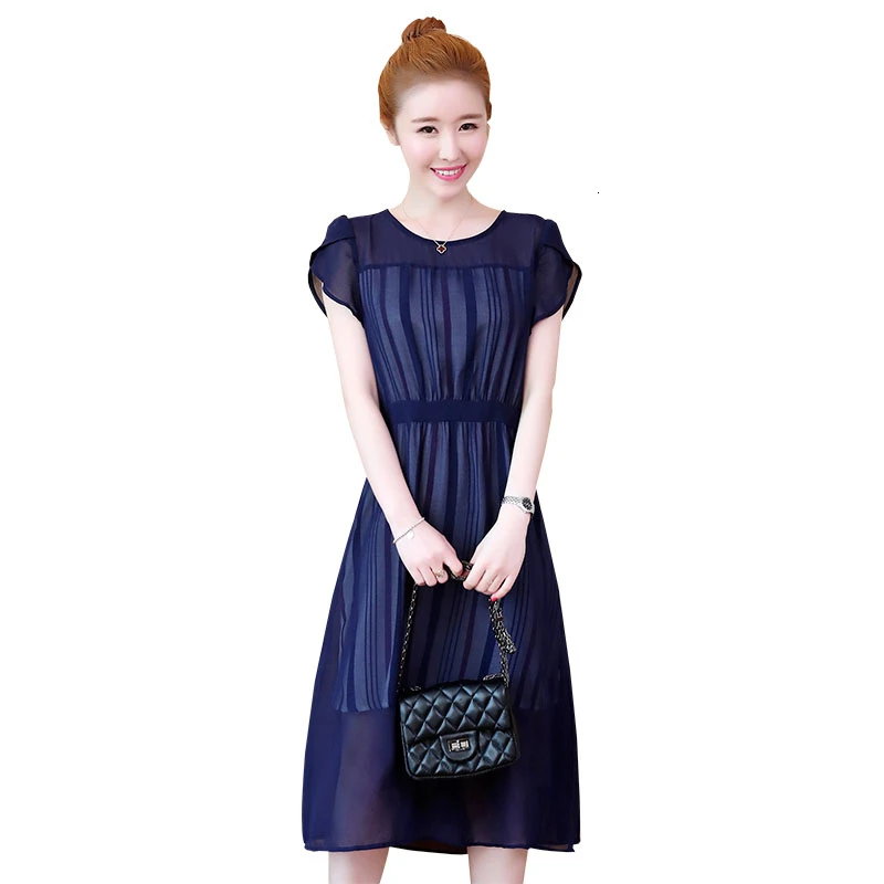 

Summer Women Plus Size Chiffon Dresses 2019 New Fashion Temperament Thin Slim Dresses Casual Striped A-Line Dresses LJ2313