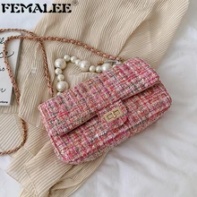 Корейская мода, модная твидовая сумка с цепочками, клетчатая сумка на плечо, жемчужные цепочки, новинка, сумка через плечо из искусственной кожи