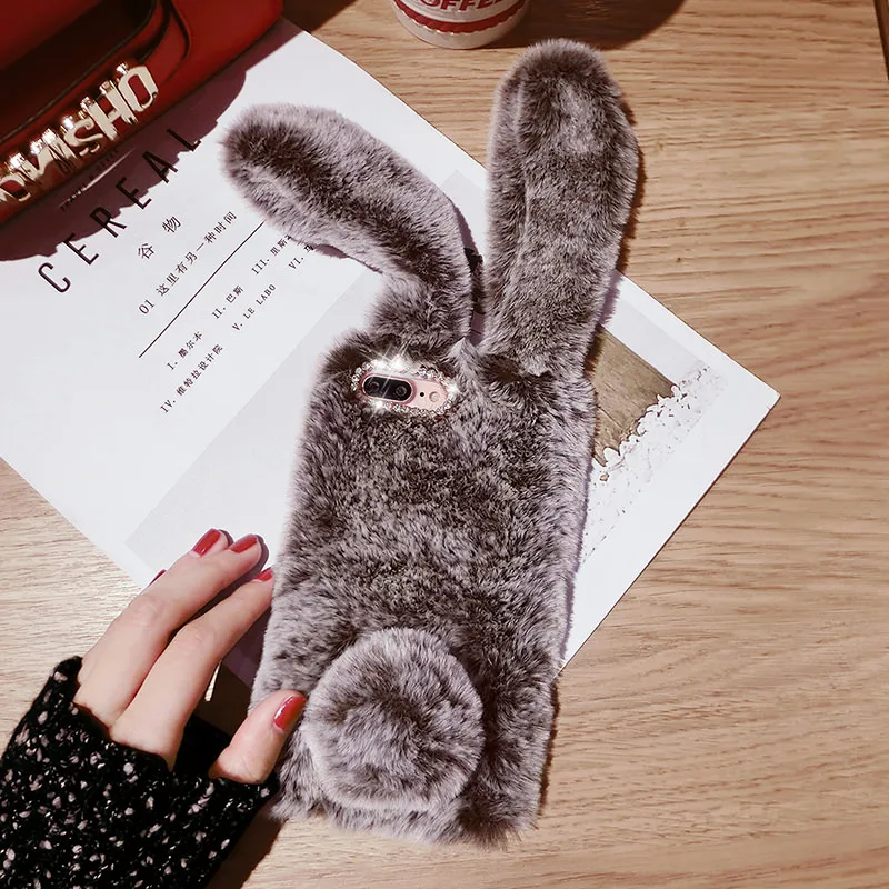 Bling Fluffy Rabbit Fur Cute Silicone Bunny Plush Phone Case for Huawei Mate 20 P20 P30 Lite Pro Furry Cover Coque On Huawei dustproof case