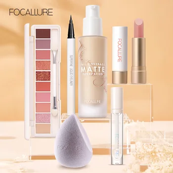 

FOCALLURE 6pcs Makeup Set Eyeshadow Palette Lipgloss Lipstick Facial Cosmetics Eyeliner Makeup Sponge Kit