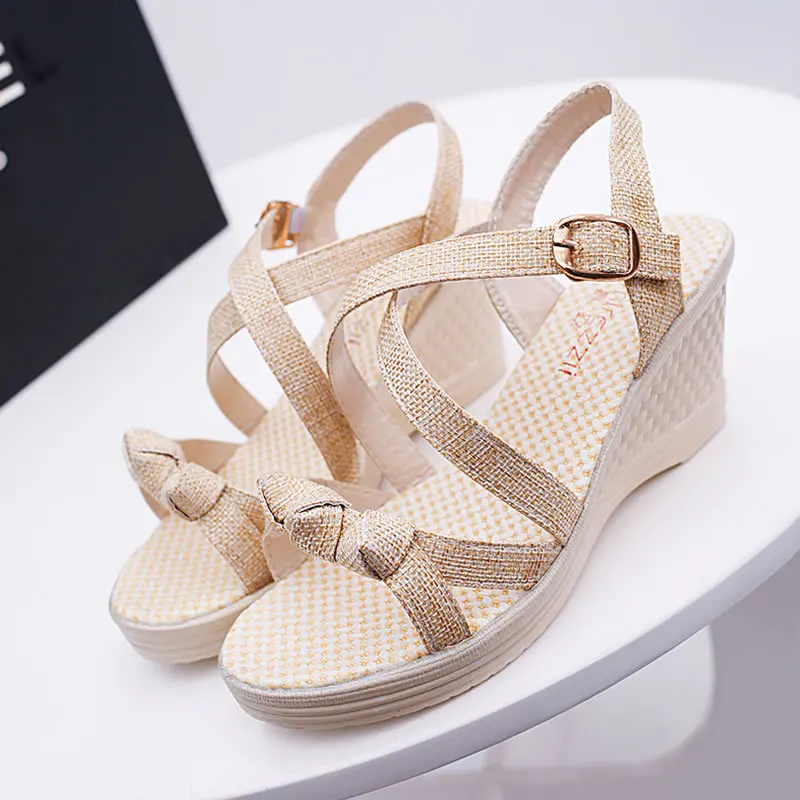 

2017 Korean-style Summer New Style Wedge Sandal Platform High-Heel Front And Back Bandage Cloth Buckle WOMEN'S Sandals