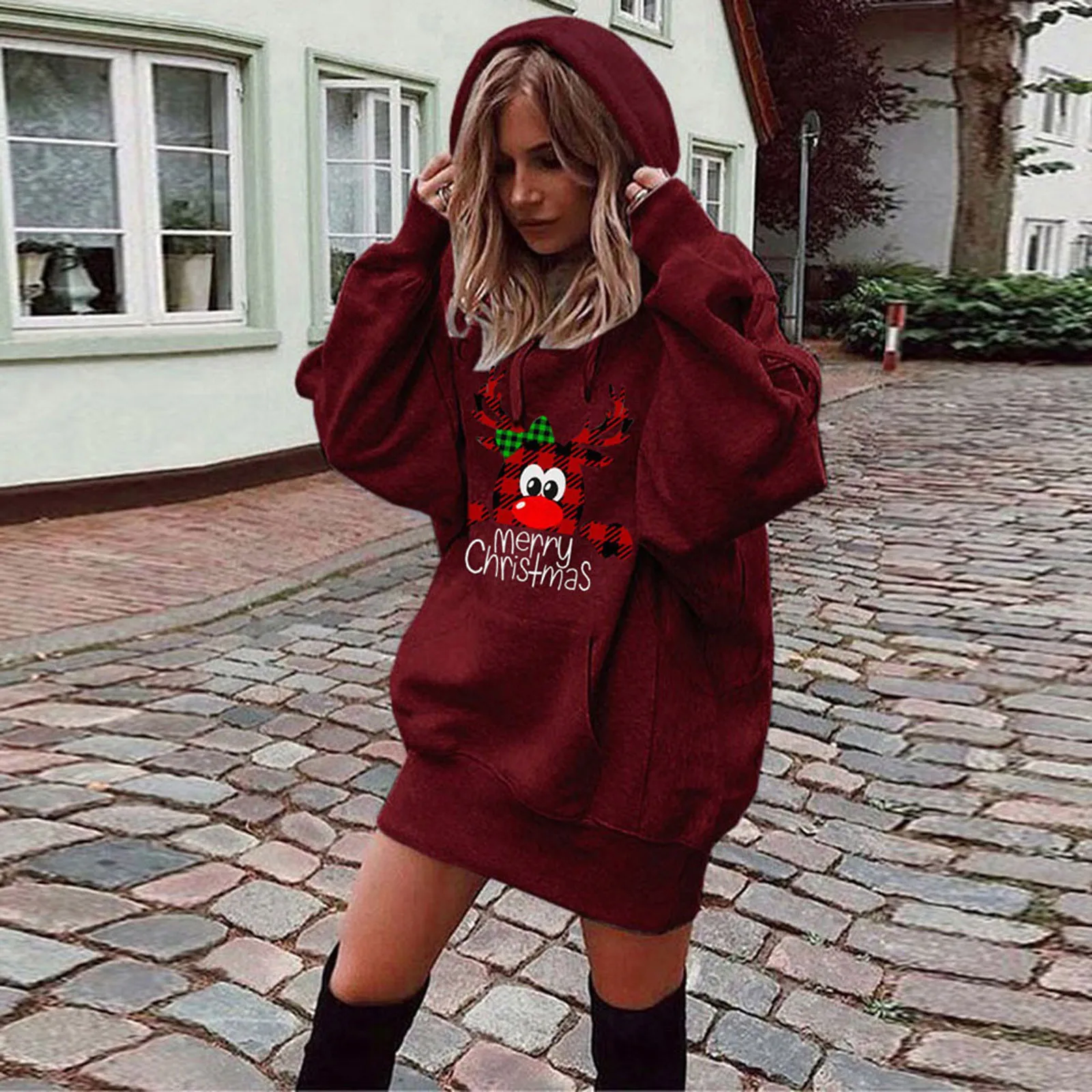 Merry Christmas Women's Hoodie Dress Casual Long-sleeved Pocket Pullover Hooded Sweatshirt Top Oversized Korea Clothes sudaderas 2