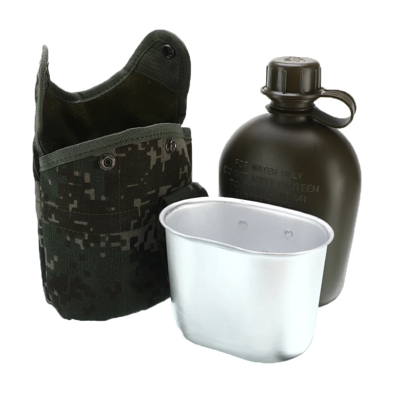 Billig 1L Außen Militärische Taktische Wasser Flasche Armee Wasser Kantine Wasserkocher Mit Beutel Tasse Set Für Camping Wandern Rucksack Überleben