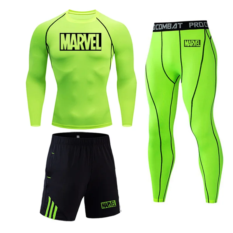 Men's sportswear compression sport suit men's tights+ leggings Marvel men's T-shirt workout clothes rashguard men's kit