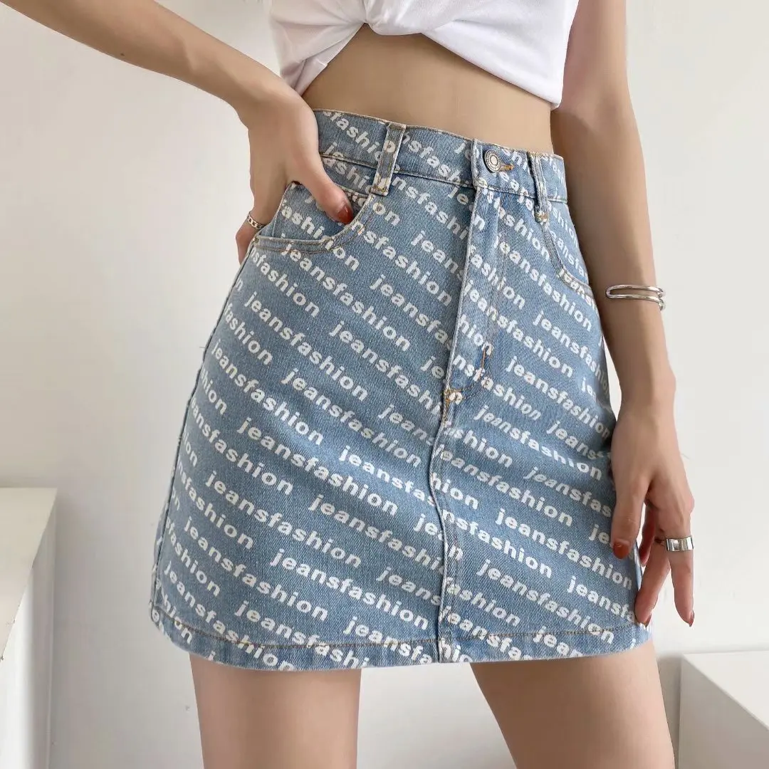 

Summer Sexy Print Letter Denim Skirts Women Harajuku High Waist Package Hip Jeans Mini Skirt Korean A-Line Short Skirt Clothes