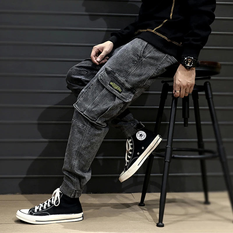 Japanese Style Fashion Men Jeans Vintage Black Gray Loose Fit Big Pocket Cargo Pants Harem Jeans 5