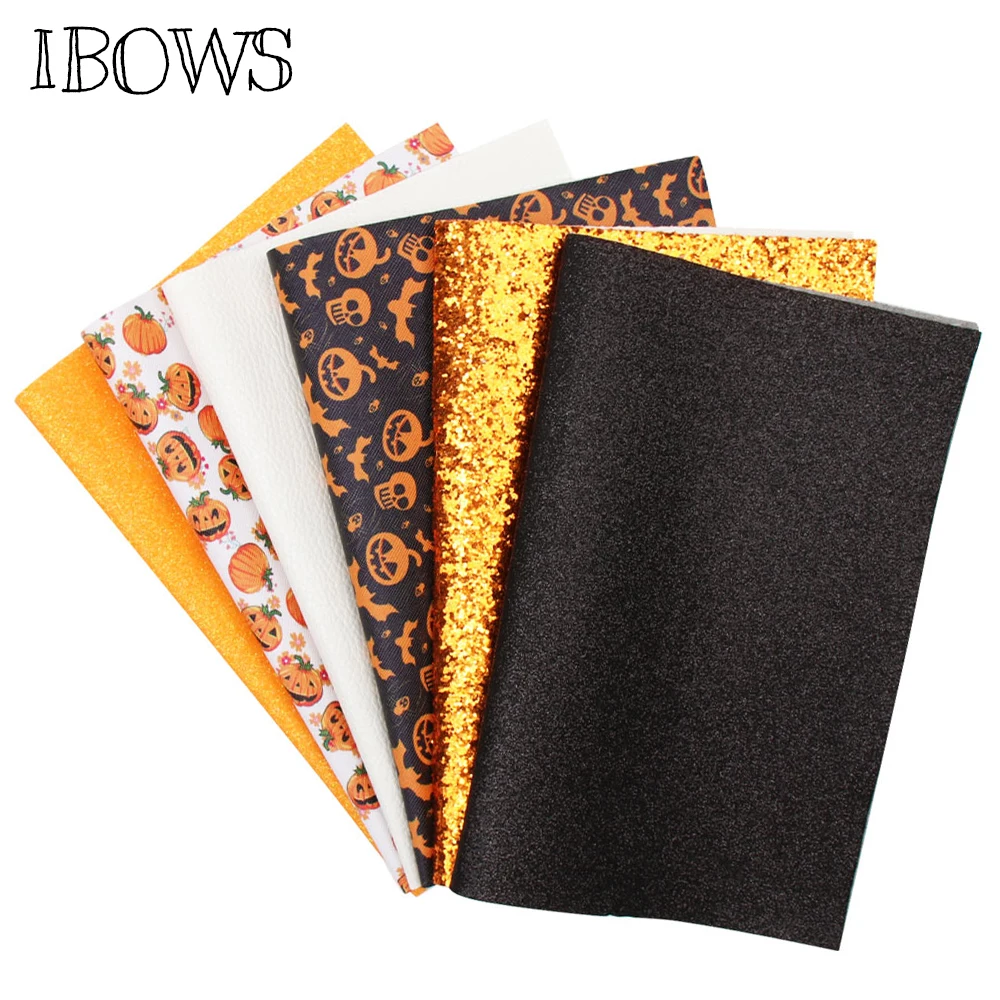 

IBOWS 22*30cm Halloween Synthetic Leather Printed Faux Leather Glitter for DIY Hair Bow Accessorie Bags Handmade Crafts 6pcs/set