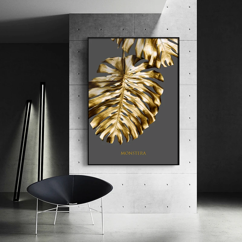 Nordic-Golden-abstract-leaf-flower-Wall-Art-Canvas-Painting-Black-white-feathers-Poster-Print-Wall-Picture (2)