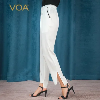

VOA white 36m heavy weight silk waist black edge diagonal bag front short back long split micro elastic tapered pants K975
