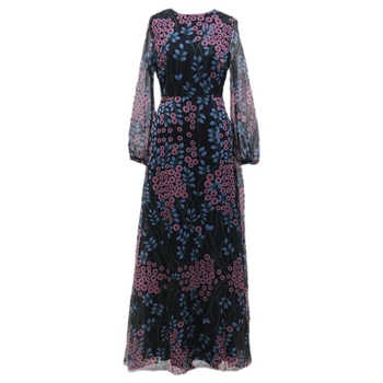 

Elegant Spring Autumn Women Dress Casual Flower Print Maxi Dresses Fashion Tunic Dress