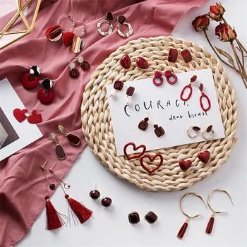 

2019 Korea Earrings Fashion Dark Red Enamel Geometric Round Heart Triangle Metal Dangle Earrings for Women Girl Wedding Jewelry