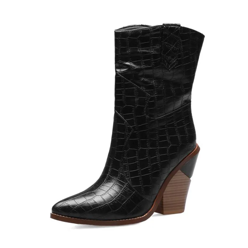 Coolcept Half Short Boots Women European British Style Winter High Heel Boots Pointed Toe Fall Warm Brand Shoes Women Size 34-44 - Цвет: Черный