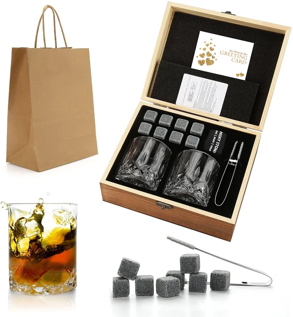Whisky Stones and Glasses Set Gift for Men, Pack of 2 Whiskey Glasses 10  oz, 8 Granite Chilling Rocks, 2 Slate Coasters, Cocktail Cards in Wooden