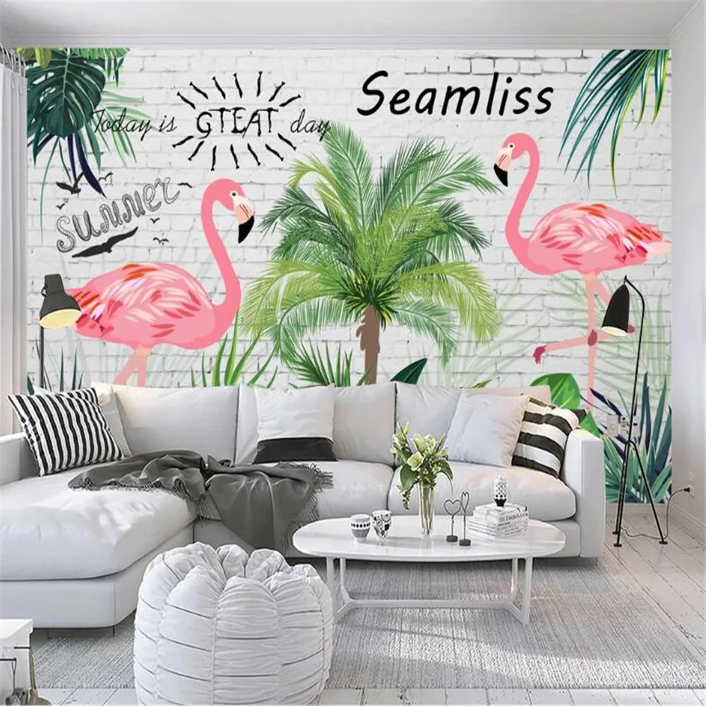 

Milofi custom wallpaper mural Nordic small fresh tropical rainforest banana leaf flamingo pastoral background wall
