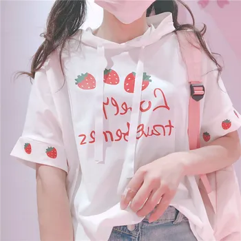 

Korean Mori Girl Cute Strawberry Printed Loose T-shirt Student Harajuku Lolita Women's Hooded Short Sleeve T shirt Tee Tops